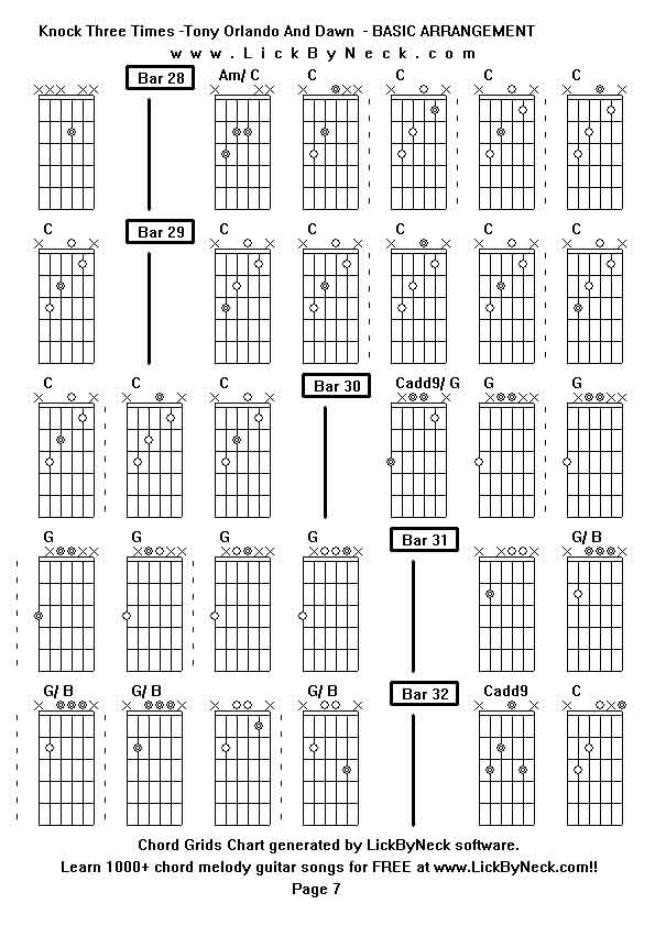 Chord Grids Chart of chord melody fingerstyle guitar song-Knock Three Times -Tony Orlando And Dawn  - BASIC ARRANGEMENT,generated by LickByNeck software.